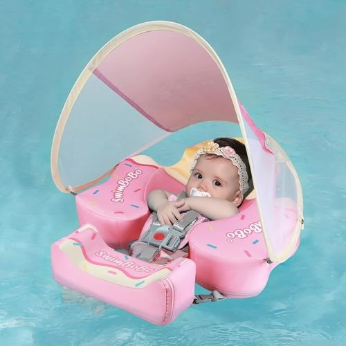 Swimbobo Baby Floats for Pool with Canopy Non Inflatable Soft Skin-Friendly Fabric Material Infant Swim Float for Boys and Girls Swimming Pool Toys (Pink Ice Cream)