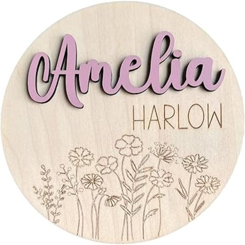 Personalized Baby Girl Floral Engraved Birth Announcement Name Sign, Baby Name Reveal, Sign for Hospital, Newborn Photo Prop, 19 Font Options, 30 Colors (Name Sign)