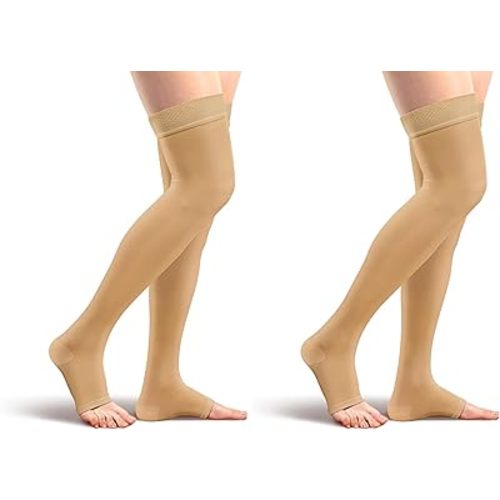 Amazon Basic Medical Compression Stockings, 20-30 mmHg Support, Women & Men Thigh Length Hose, Open Toe, Beige, Medium (Pack of 2) (Previously Amazon Basic Care)