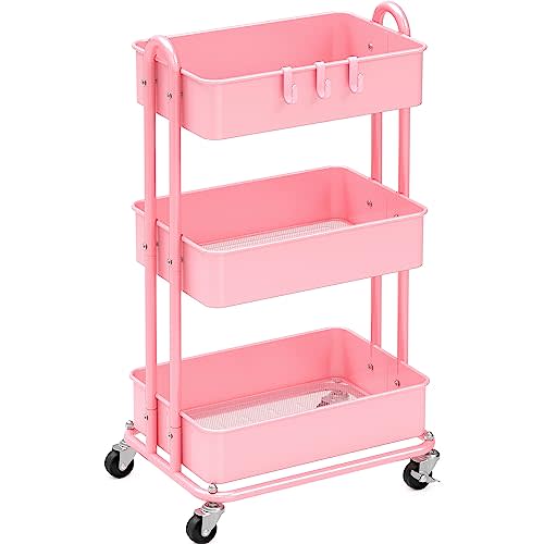 Simple Houseware 3-Tier Heavy Duty Metal Utility Rolling Cart, Pink