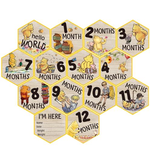 The Winnie Baby Bear Month Milestone Circles, Wooden Discs Stuff for Baby Photo Takens with Hello World Name Signs - 7Pcs Double Sided Signs- Laser Engraving