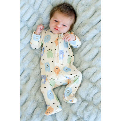 Zipper Footie in Mini Monsters Blue | Caden Lane