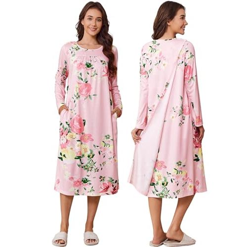 Deyeek Hospital Gowns for Women Tear Away Snap Open Back Dress Long Sleeve Post Surgery Adaptive Nightgown with Pockets