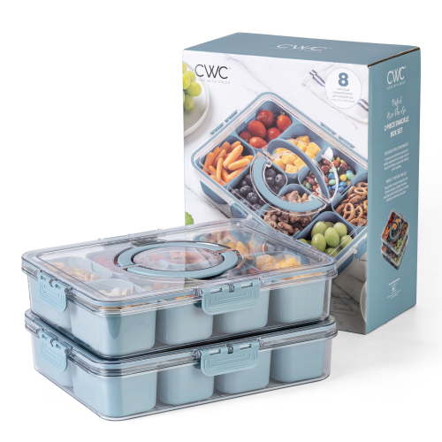 COOK WITH COLOR Snack Tray with Lid, 8-Compartment Divided Food Tray, Blue, 2-Pack