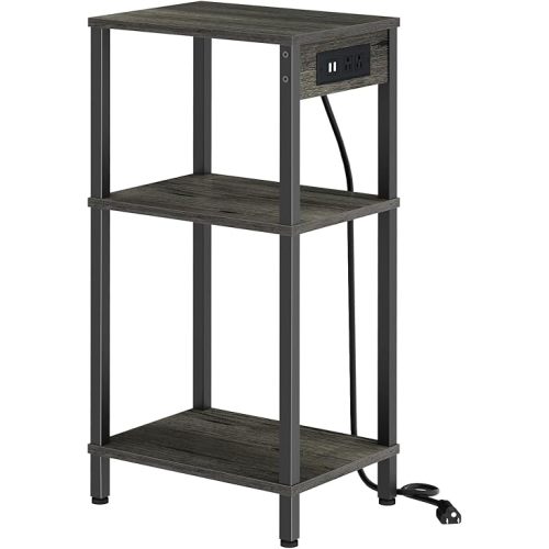 Tall Nighstand with Charging Station, 3 Tier Small End Table with Storage, Skinny Side Table with USB Ports and Outlets for Bedroom, Living Room, Office, Carbon Gray