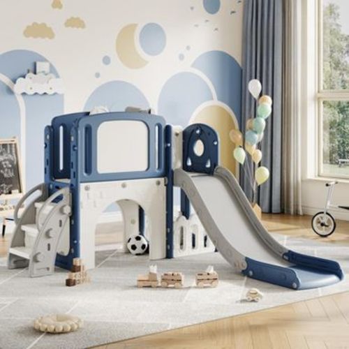 8-in-1 Toddler Slide & Indoor/Outdoor Playground with Climber, Tunnel, Hoop, Telescope & Storage Playset