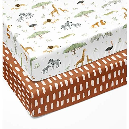 Sorrel + Fern Crib Sheets Neutral - Fitted Baby Crib Sheets Bed for Girl Boy - 2 Pack Standard & Toddler Mattress (Safari Adventure) - Buttery Soft Organic Cotton Blend