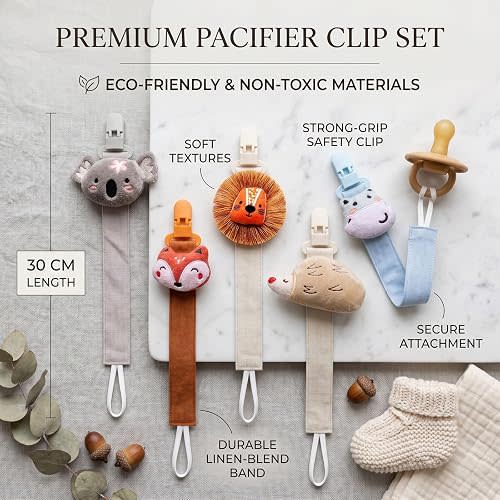 5 Pack Pacifier Clips for Girls and Boys, Multicolor Fabric Straps,5pcs Straps, Approx. 11 in / 29 cm, Resin Clips with Inner Grip Design, Fits Most Pacifiers with Handles