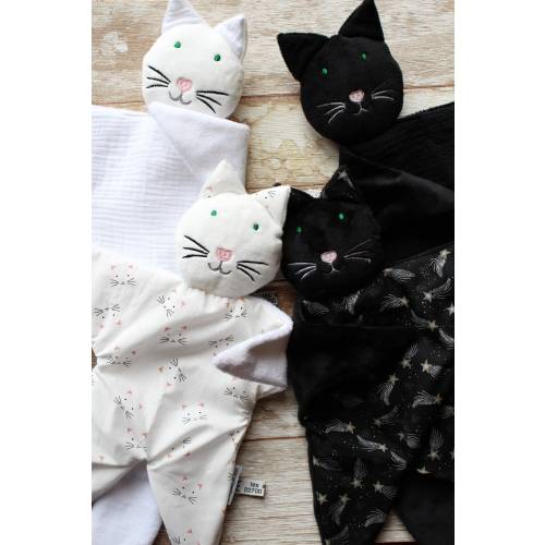 Black or White Cat Lovey, Cat Baby shower gift, Cuddling cat toy, Cat baby blanket