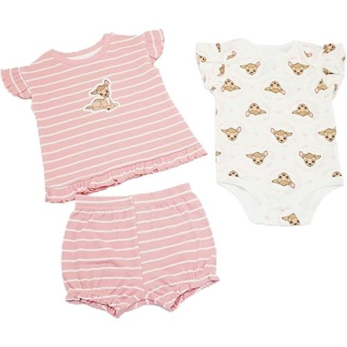Magic Threadz Disney Clothes Baby Girls 3-Piece Short Set – Marie, Pooh, Minnie, Stitch & Bambi Newborn Outfit Set (0M–24M)