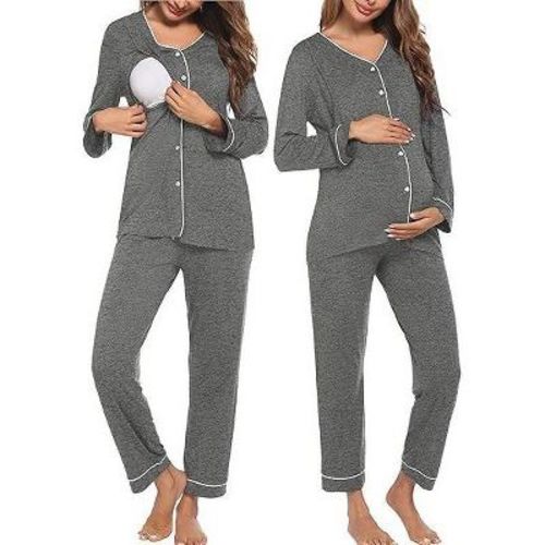 Ekouaer Maternity Pajama Set Button Down Nursing Pajamas Long Sleeve Breastfeeding Loungewear with Adjustable Pants Deep Grey XL