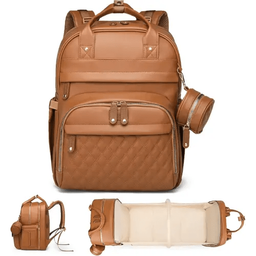 Leather Baby Diaper Bag with Changing Station,Extra large Capacity Baby Diaper Bag Backpack(Brown)