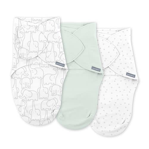 SwaddleMe by Ingenuity Monogram Collection Baby Swaddle, 100% Cotton, Improves Sleep & Calms Startle Reflex, 0-3 Months, Pocket Fold Design for Easy Changes, 1.0 TOG, 3-Pack - Elephant Dance