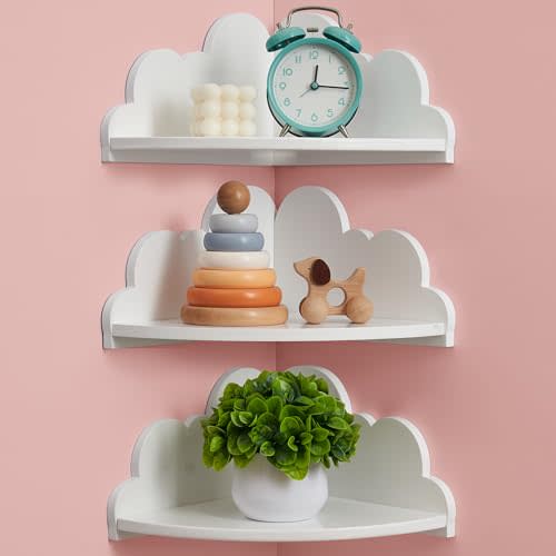 Conamily Cloud Corner Floating Shelves，Set of 3 White Corner Wall Shelf Floating Wooden Cute Wall Mounted Shelves Clouds Dispaly Shelf for Kid’s Room,Toys, Plants & Storage
