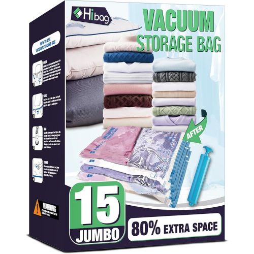 HIBAG 15 Jumbo Vacuum Seal Bags for Clothing, Vacuum Storage Bags for Clothes, Comforters, Blankets, Bedding (15J)