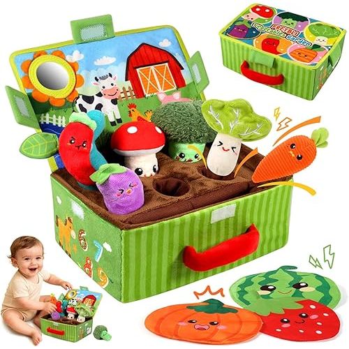 FREYBLI Baby Toys 6-12 Months - Soft Vegetable Garden Plant Plush Toy - 6 Month Old Boy Girl Developmental Toys Gifts, Montessori Sensory Toy with Rattles, Mirror, Squeaker, Textures, Crinkle Tissues