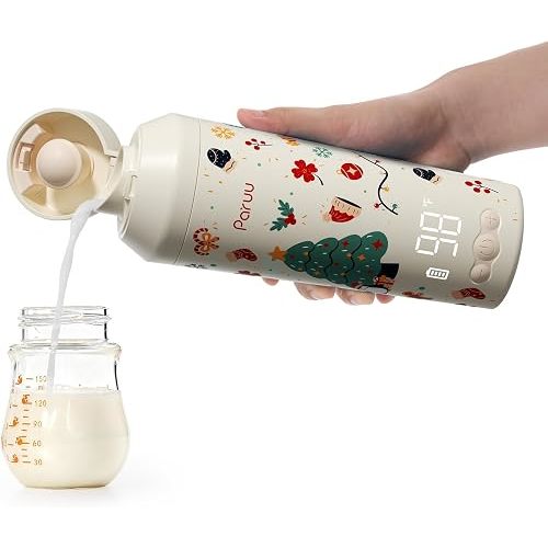 Paruu Portable Bottle Warmer for Travel, Easy-Clean Wide Mouth, Portable Milk Warmer with Fast Heating for Night Feeding, 7-Temp Control, Large 12oz Capacity, Christmas Limited Edition, Beige