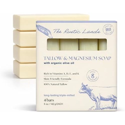 THE RUSTIC LANDS Natural Beef Tallow & Magnesium Soap with Organic Olive Oil – Scented with Lavender Essential Oil, 4 Pack (5 oz Each), Made in USA Soap for Sensitive Skin, Moisturizing Bath & Body