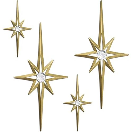 sxnzequnze 4 Pcs Star Wall Art for Home Decor Living Room Bedroom Office Metal 3D,Bling,with Hanging Hook Starburst Midcentury Sculpture Retro Gallery Accent Celestial -Gold 16.5in/9.4in