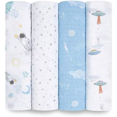 aden + anais Essentials Swaddle Blanket, Boutique Muslin Blankets for Girls & Boys, Baby Receiving Swaddles, Ideal Newborn & Infant Swaddling Set, Perfect Shower Gifts, 4 Pack, Space Explorers