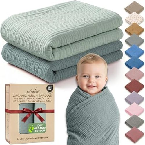 100% Organic Cotton 2 PK Soft Muslin Swaddle Blanket Unisex 47x47