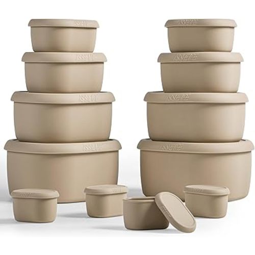 ISSEVE 12Pcs/Set Nesting Silicone Food Storage Containers with Lids, BPA Free Reusable Meal Prep Silicone Containers Airtight, Freezer Dishwasher Safe (33.8oz, 20oz, 10oz, 6.7oz, 1.3oz) (Beige)