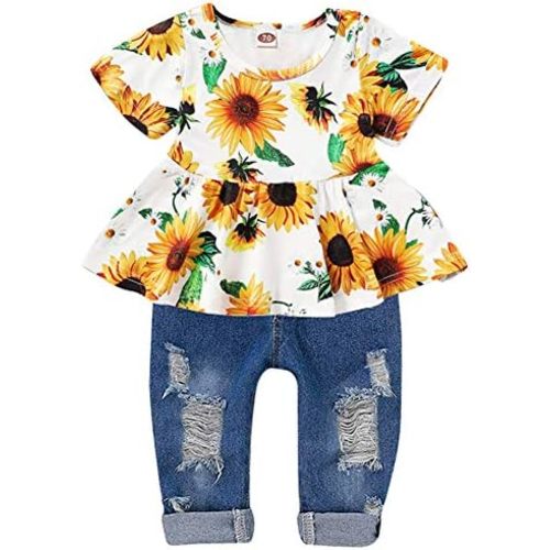 CARETOO Girls Clothes Outfits Cute Baby Girl Floral Long Sleeve Pant Set Flower Ruffle Top