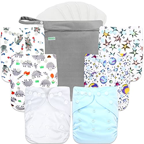 wegreeco Cloth Diapers 6 Pack with 6 Inserts & 1 Wet Bag, Washable Cloth Diapers for Babies, One Size Adjustable Reusable (Fantastic World)