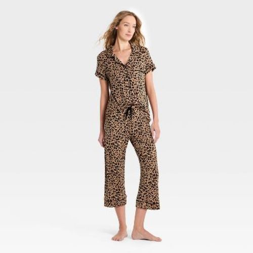 Women's Cloud Knit Short Sleeve Notch Collar Top and Cropped Pants Pajama Set - Auden™ Tan XXL