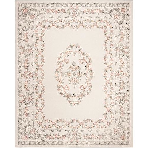 SAFAVIEH Aubusson Collection Area Rug - 9' x 12', Ivory & Pink, Handmade Traditional Wool, Ideal for High Traffic Areas in Living Room, Bedroom (AUB102A)