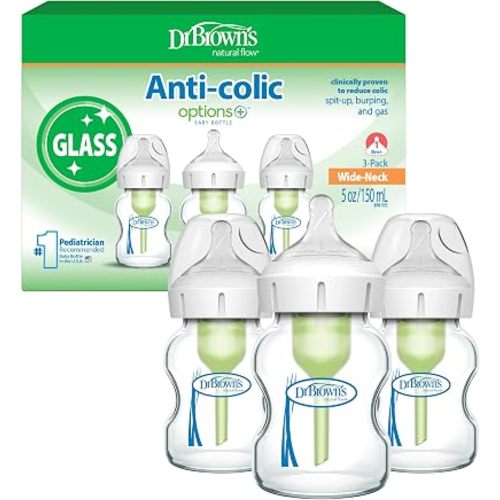 Dr. Brown's Anti-Colic Options+ Wide-Neck Glass Baby Bottle, 5 oz, 3-Pack