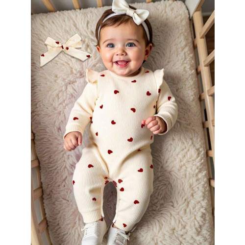 SHEIN Valentine's Day Newborn Baby Heart Print Jumpsuit, Cozy Knitted Casual Jumpsuit With Headband Included Fall Winter | SHEIN