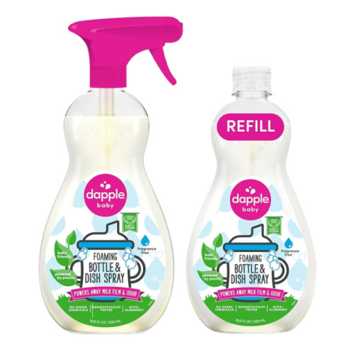 Dapple Baby Bottle & Dish Foaming Power Spray, Hypoallergenic Dish Soap for Baby Bottles, Powered by Plants, Fragrance Free, 16.9 Fl Oz (Pack of 2)