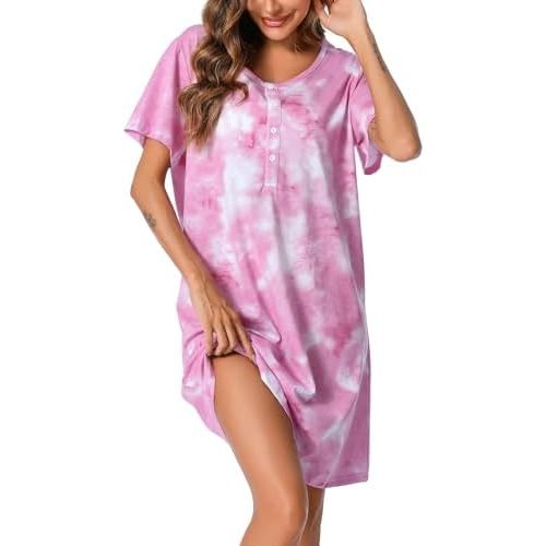 ENJOYNIGHT Womens Short Sleeve Nightgown Tie Dye Nightshirt Nursing Sleepshirts Breastfeeding Sleep Dress