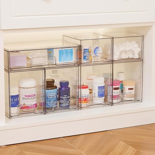 Vtopmart 4 Pack Clear Stackable Storage Drawers,7.6" H Plastic Organizers Bins for Skincare, Bathroom Supplies,Ideal for Cabinet,Undersink,Vanity,Kitchen,Pantry Organization