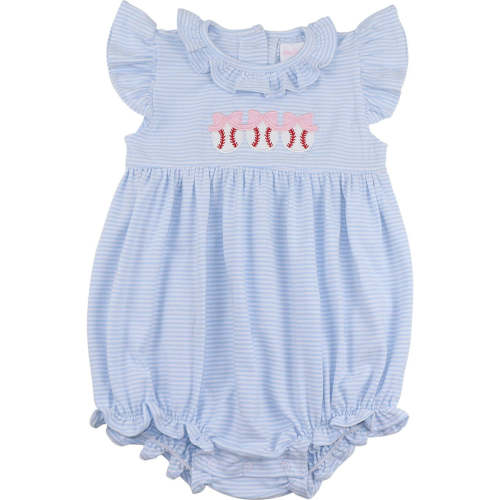 Blue Stripe Knit Applique Baseball Ruffle Bubble