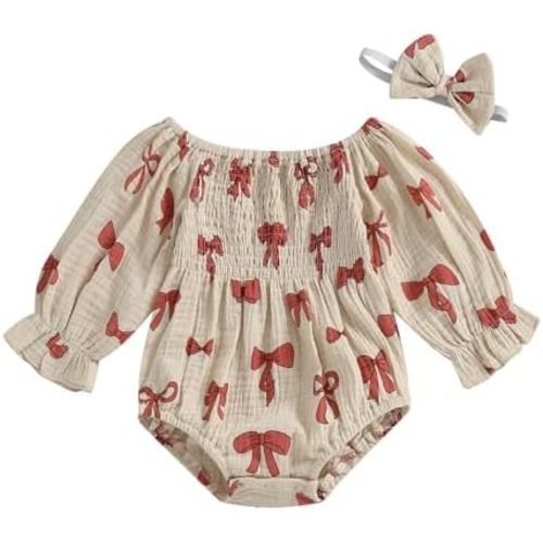 Smocked Baby Girl Clothes Cotton Linen Pink Bow Bubble Romper Frill Trim Neck Ruffle Sleeve Fall One-Piece Bodysuit