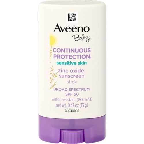 Aveeno Baby Continuous Protection Mineral Sunscreen Stick for Sensitive Skin with Broad Spectrum SPF 50 Protection for Face & Body, Naturally Sourced 100% Zinc Oxide, Travel Size, 0.47 oz