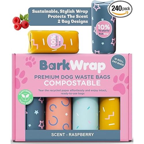 Biodegradable Compostable Dog Poop Bags Rolls – 240 Raspberry Scented Bag Extra Thick Plant Based Leak-Proof Dog Waste Bags, Easy Open, Certified Home Compostable Earth Friendly 10% To Charity