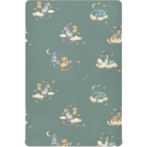 Pfrewn Crib Sheets for Boys Girls Dragon Baby Animals Retro Fitted Crib Sheet for Mini Crib Mattress Stretch Soft Toddler Baby Playard Sheet,39x27IN