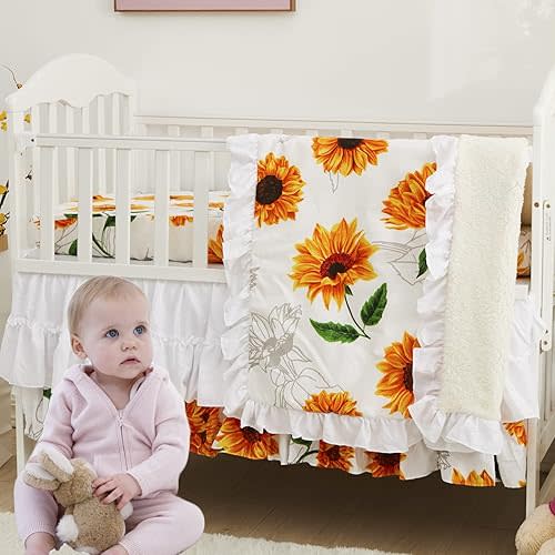 Brandream Girls Crib Bedding Set Floral Nursery Bedding Yellow White Sunflower Baby Blanket 3 Piece,Farmhouse Fitted Sheet, Ruffle Skirt