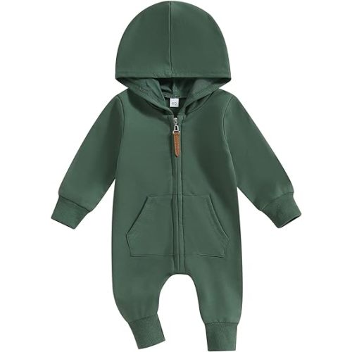 allshope Newborn Baby Boy Girl Fall Outfit Romper Long Sleeve Hooded Solid Zipper Jumpsuit Bodysuit Infant Clothes
