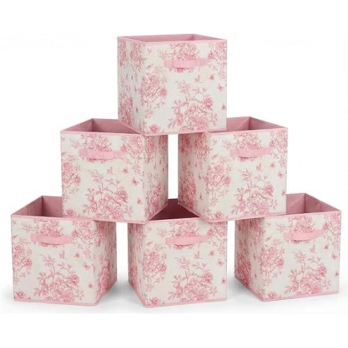 6 Pcs Pink Floral Cube Storage Bins 12.5 Inch Pink Flower Storage Basket with Handle, Preppy Girls Organizer Basket, Collapsible Fabric Box for Classroom Bedrooms Office Home Decoration (Flower)