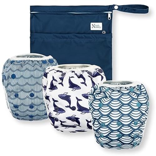 Nora's Nursery Reusable Swim Diapers and Wet Bag - One Size Fully Adjustable - Big Splash Unisex 3 Pack with Wet Bag