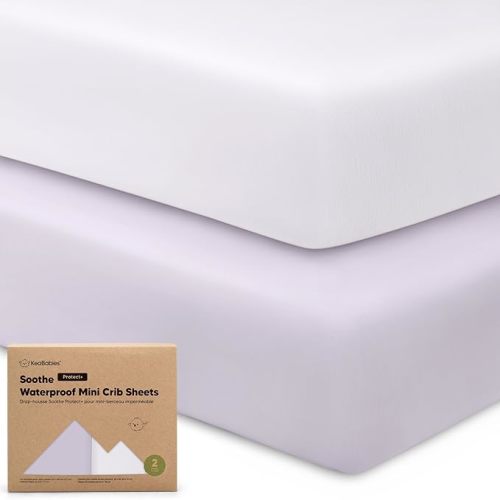 2 Pack and Play Sheets, Waterproof Mini Crib Sheets Fitted - 38x26 Organic Cotton Pack N Play Sheets for Graco Pack and Play Mattress, Playard Baby Crib Sheets, Neutral for Boy, Girl, Toddler (Lilac)