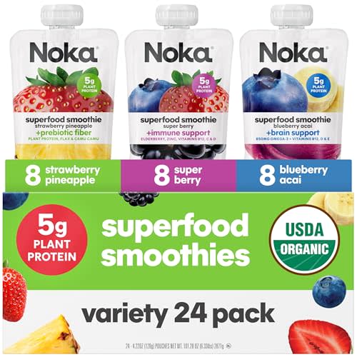 Noka Variety Pack, Strawberry Pineapple, Super Berry, & Berry Acai 24pk | Plant Protein, Flax Seed, Prebiotic Fiber, No Added Sugar, Vegan, Gluten Free, Organic, Healthy Snacks, Shelf Stable