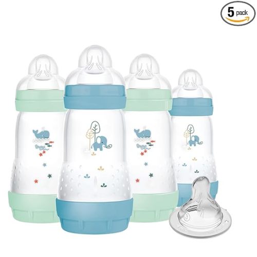 MAM 9oz Easy Start Anti-Colic Baby Bottles, Medium Flow with Bonus Fast Flow Nipple, Breastfeeding-Like Silicone, Reduces Colic and Gas, Easy-to-Clean, BPA-Free, 2 Plus Months