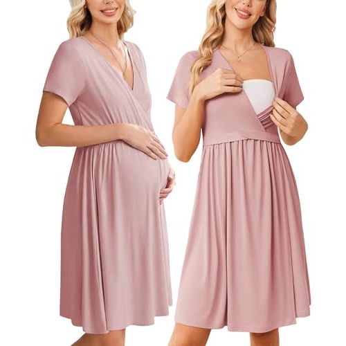 Ekouaer Women 3 in 1 Labor and Delivery Gown Split Front Flap Maternity Hospital Dress Nursing Nightgown for Breastfeeding