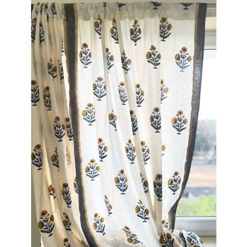 Mustard + Blue Poppy Flower Hand Block Printed Cotton Curtain Panels, Organic Cotton Drapes, Living Room Drapes, Custom Made, 2 Panels