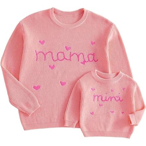 Mommy and Me Sweater Matching Family Outfit Long Sleeve Knit Sweater Pullover Mom and Baby Clothes